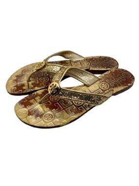 TORY BURCH~Thora~TAN & METALLIC GOLD LEATHER & GLITTER THONG SANDALS Size 6